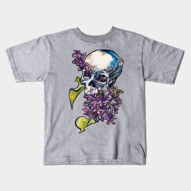 Lilac Skull Flowers and Bones Kids T-Shirt by JenTheTracy